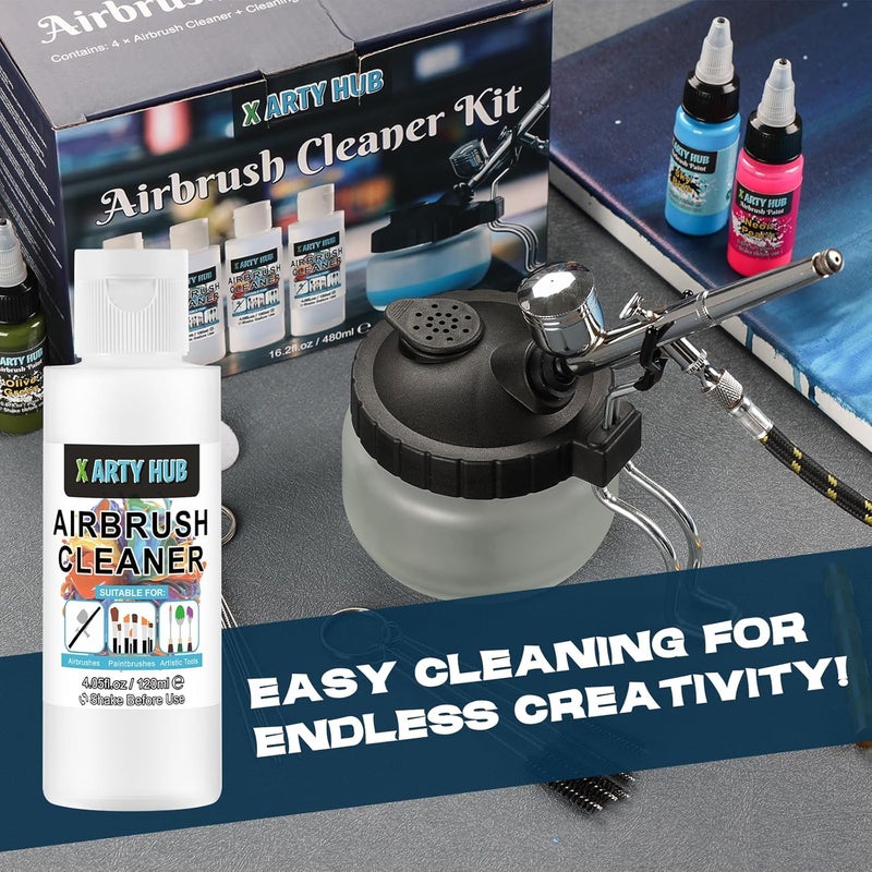 X ARTY HUB Airbrush Cleaning Kit - 4 * 4.05 fl oz / 120 ml Airbrush Cleaner with Glass Cleaning Pot, Easily Handle Water-Based and Acrylic Paints, for Airbrushes & Other Artistic Tools - Image 5